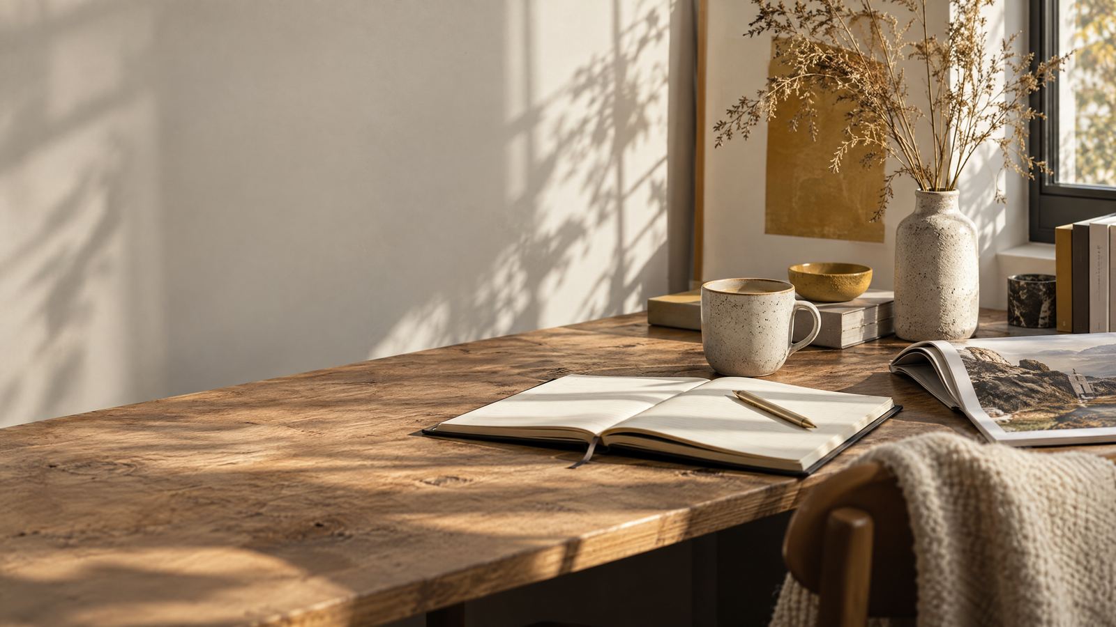 Schreibtisch mit Notizbuch, Tasse und Magazin im warmen Morgenlicht