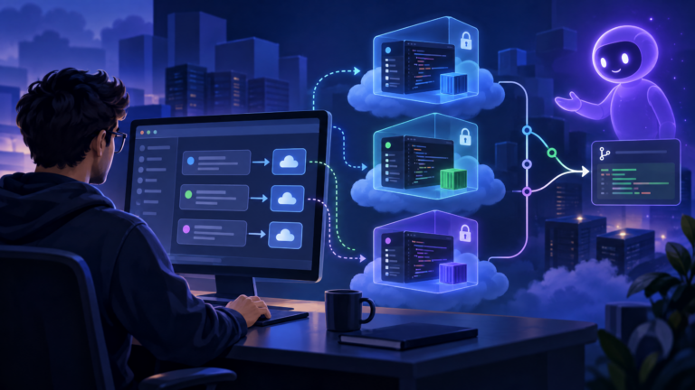 Illustration von Claude Code in der Cloud mit parallelen Programmieraufgaben, isolierten Cloud-Sitzungen und Pull-Requests