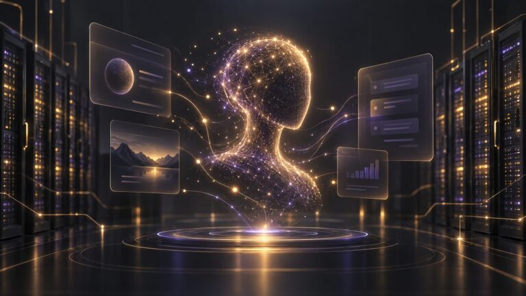 Abstrakte Darstellung eines modernen KI-Systems mit leuchtenden neuronalen Verbindungen