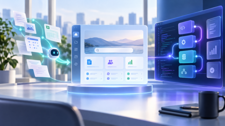 Abstrakte Darstellung von Microsoft Copilot mit Home-Zentrale, Code-Arbeitsbereich und autonomem Agenten