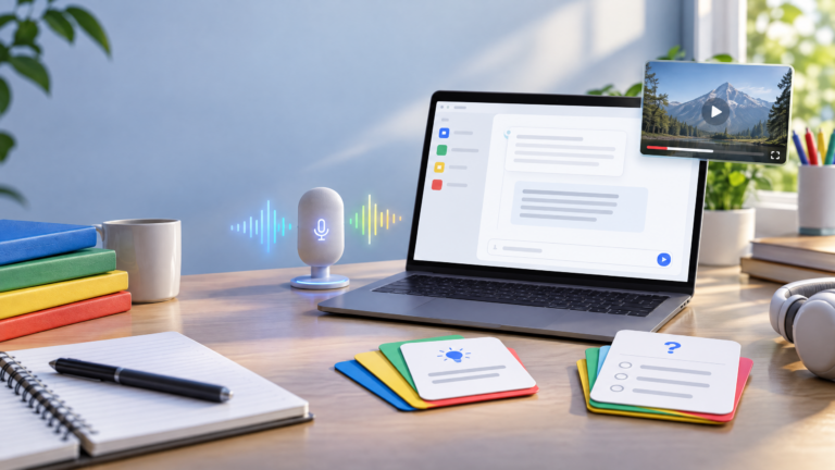 Digitales Notizbuch mit Sprachwellen, Mikrofon, Lernkarten und Quizkarten zu Gemini Notebook