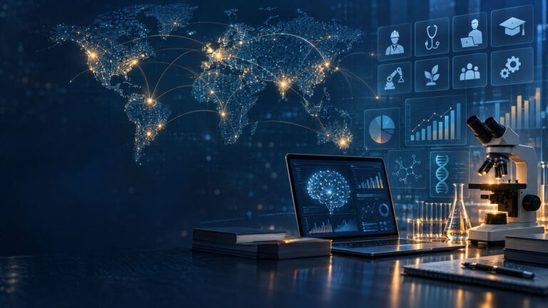 Dunkle Weltkarte mit Datenpunkten, Diagrammen, Mikroskop und Laptop als Symbol für globale KI-Nutzung in Arbeit und Forschung